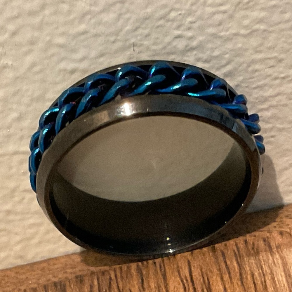 Rotating  Unisex Black & Blue Stainless Steel Fidget Ring - Picture 11 of 12